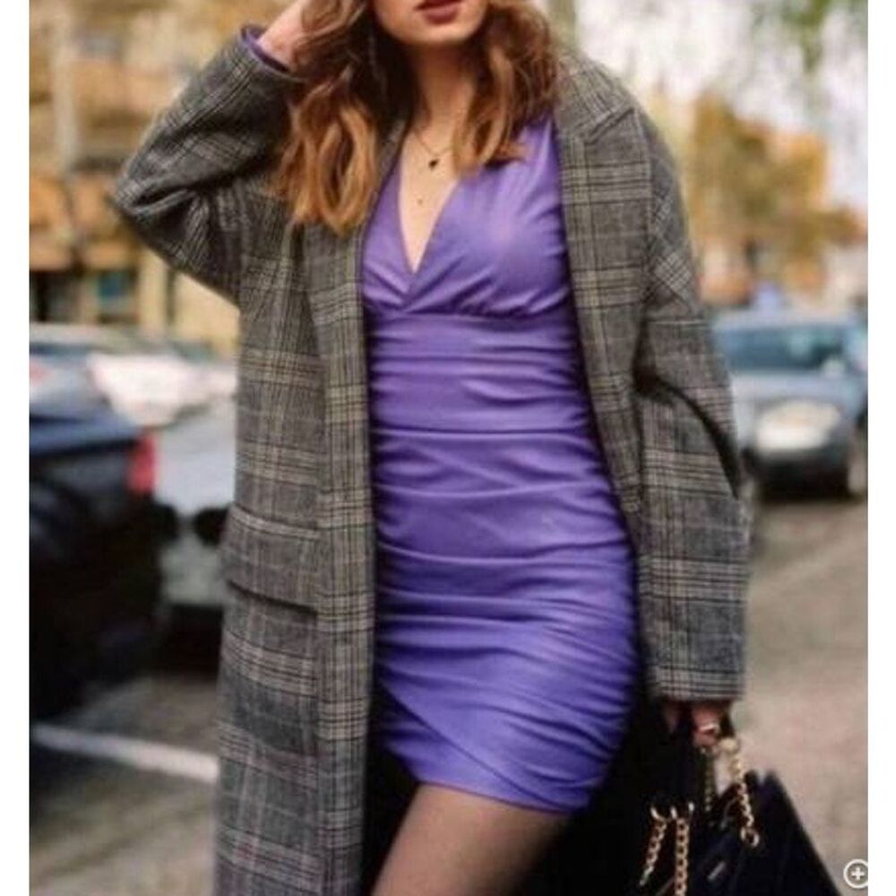 Zara purple faux leather body con ruched dress long sleeved size XS baddie flare